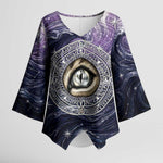 Pakhet Panther Kimono Sleeve Blouse with Cosmic Feline Eye on Starry Night River