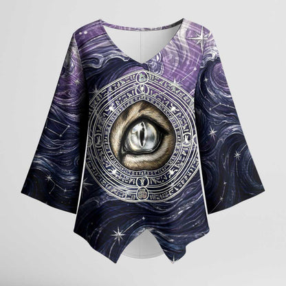 Pakhet Panther Kimono Sleeve Blouse with Cosmic Feline Eye on Starry Night River