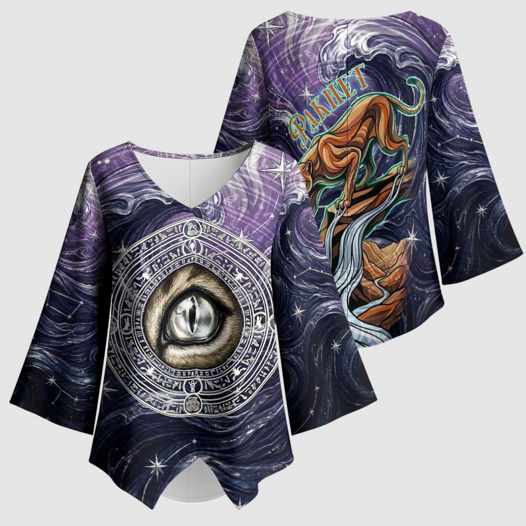 Pakhet Panther Kimono Sleeve Blouse with Cosmic Feline Eye on Starry Night River