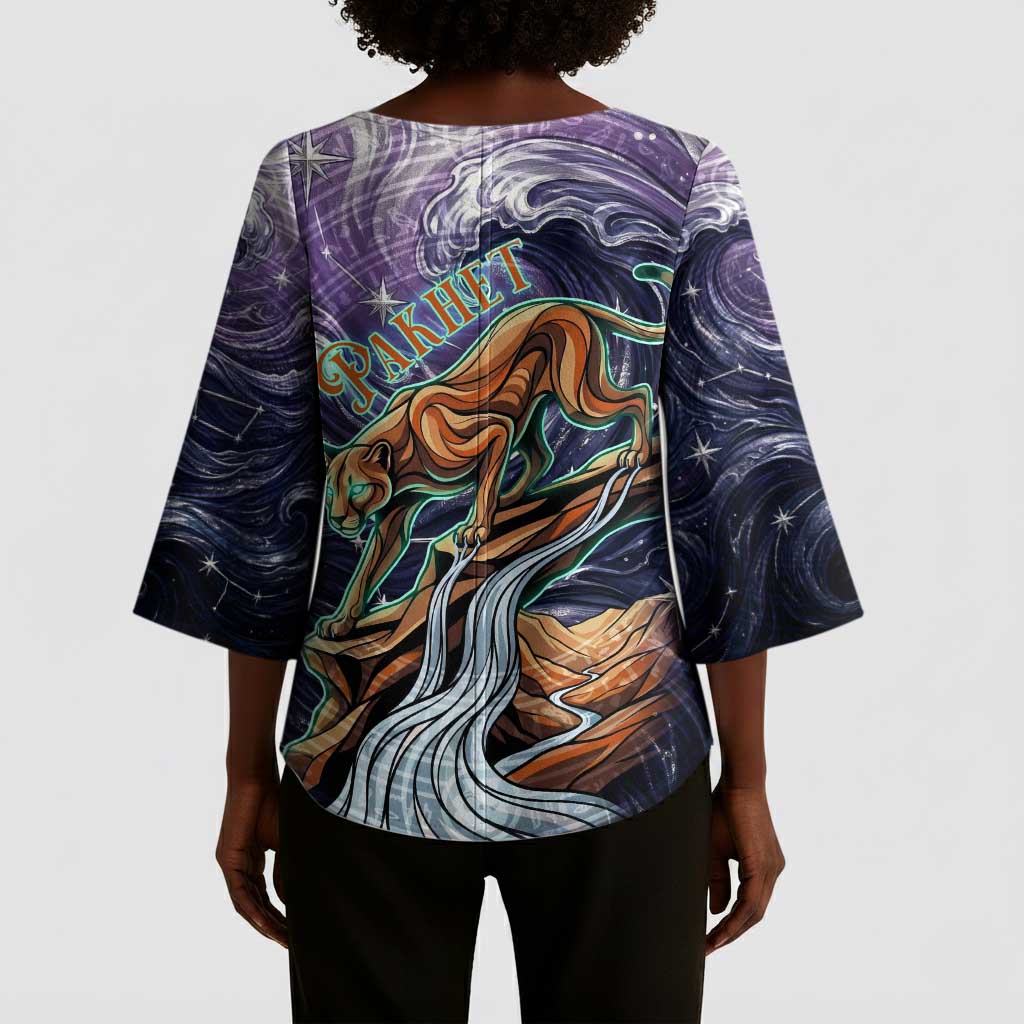 Pakhet Panther Kimono Sleeve Blouse with Cosmic Feline Eye on Starry Night River