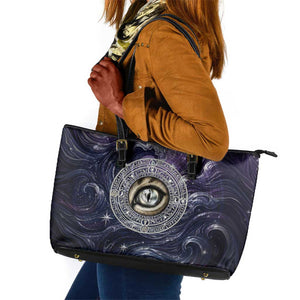 Pakhet Panther Leather Tote Bag with Cosmic Feline Eye on Starry Night River
