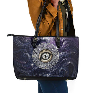 Pakhet Panther Leather Tote Bag with Cosmic Feline Eye on Starry Night River
