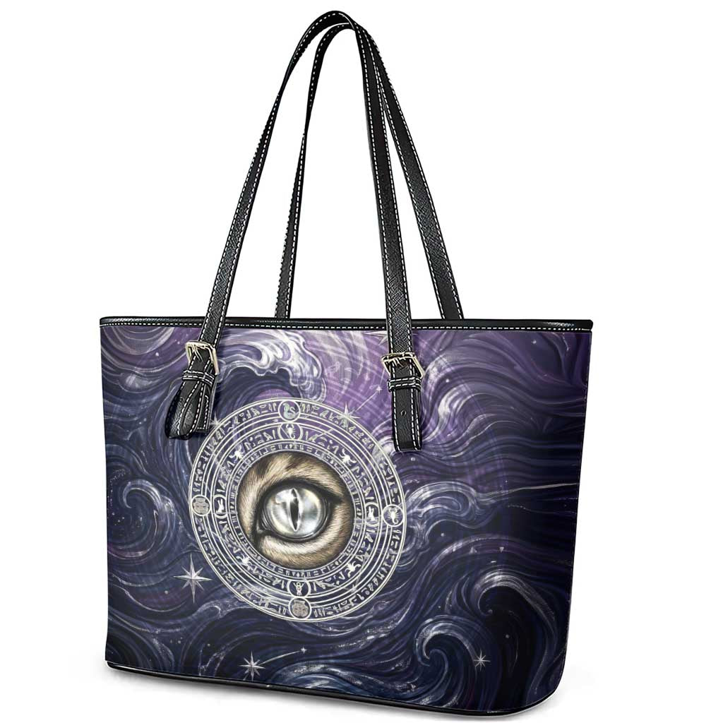 Pakhet Panther Leather Tote Bag with Cosmic Feline Eye on Starry Night River