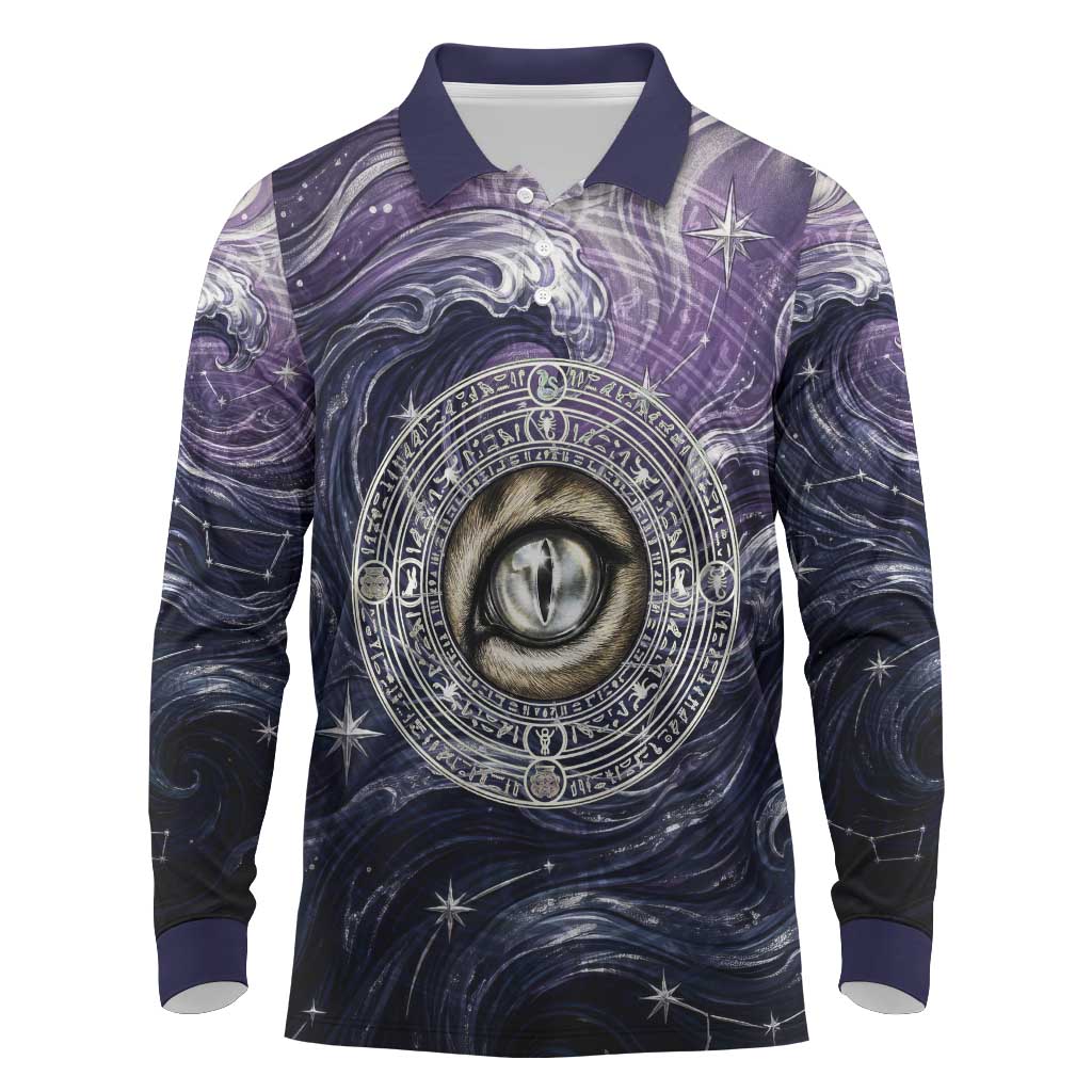 Pakhet Panther Long Sleeve Polo Shirt with Cosmic Feline Eye on Starry Night River