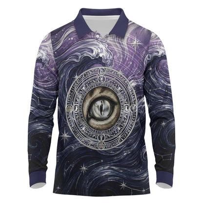 Pakhet Panther Long Sleeve Polo Shirt with Cosmic Feline Eye on Starry Night River