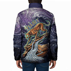 Pakhet Panther Padded Jacket with Cosmic Feline Eye on Starry Night River