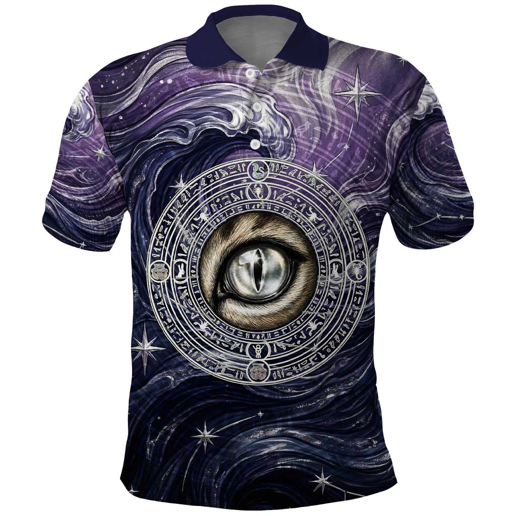 Pakhet Panther Polo Shirt with Cosmic Feline Eye on Starry Night River