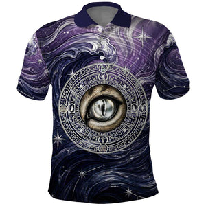 Pakhet Panther Polo Shirt with Cosmic Feline Eye on Starry Night River