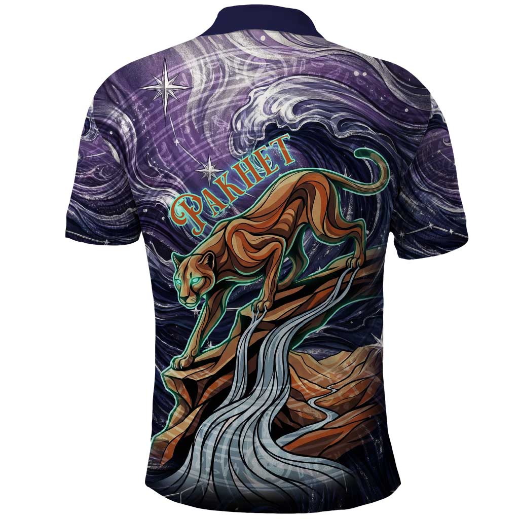 Pakhet Panther Polo Shirt with Cosmic Feline Eye on Starry Night River