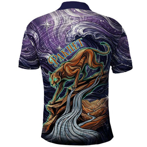 Pakhet Panther Polo Shirt with Cosmic Feline Eye on Starry Night River