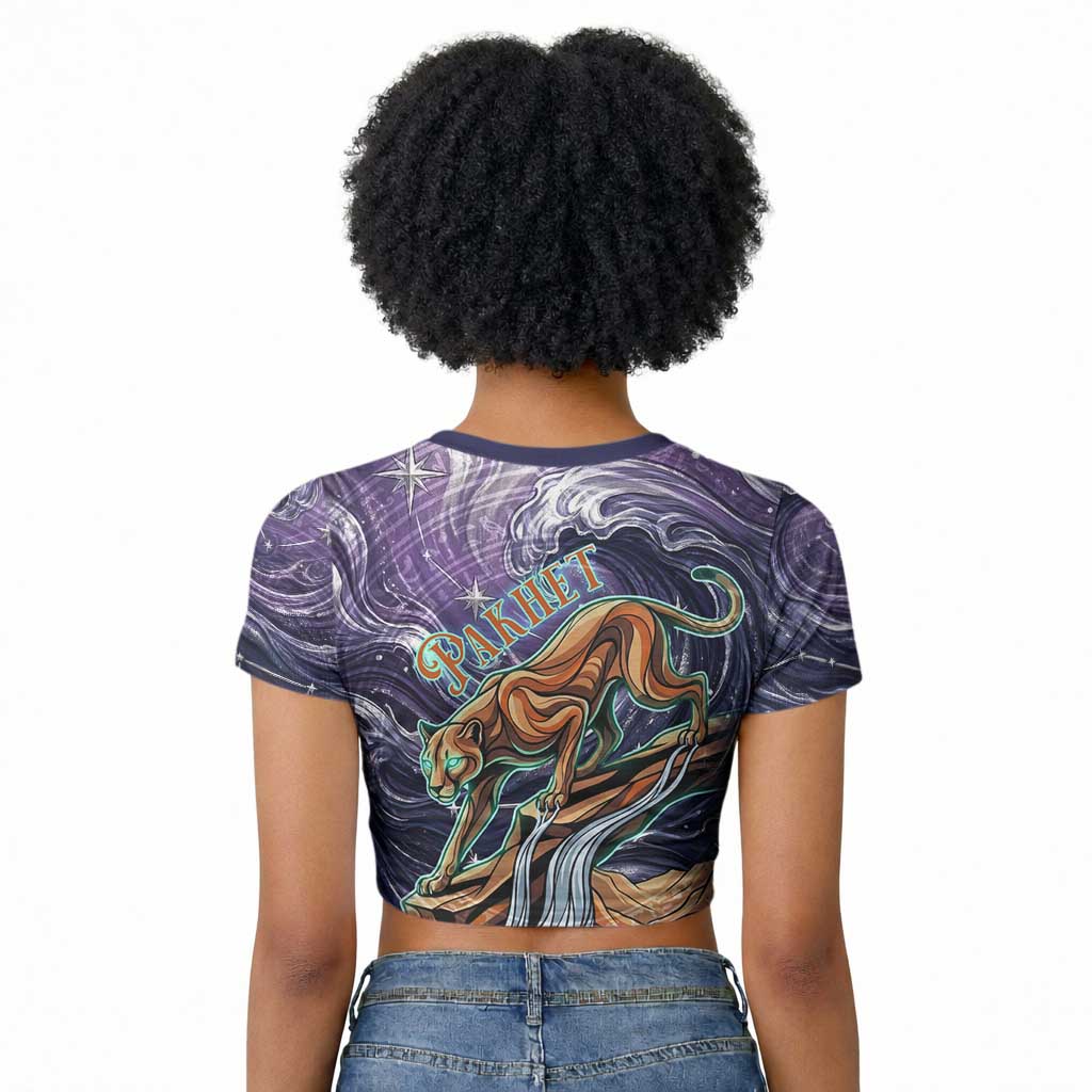 Pakhet Panther Raglan Cropped T shirt with Cosmic Feline Eye on Starry Night River