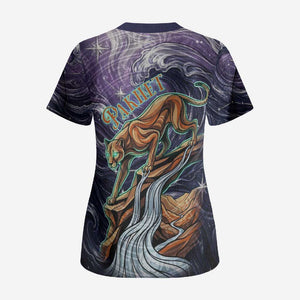 Pakhet Panther Scrub Top with Cosmic Feline Eye on Starry Night River