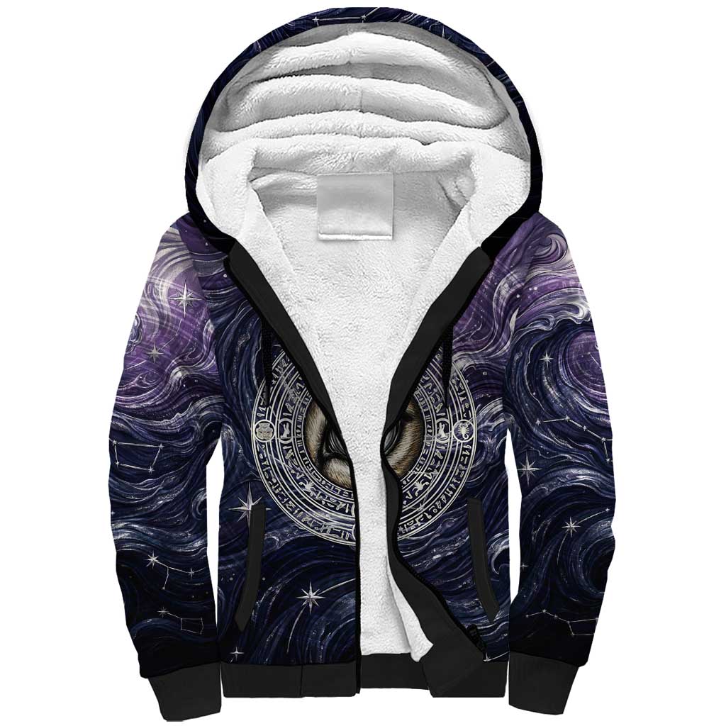 Pakhet Panther Sherpa Hoodie with Cosmic Feline Eye on Starry Night River