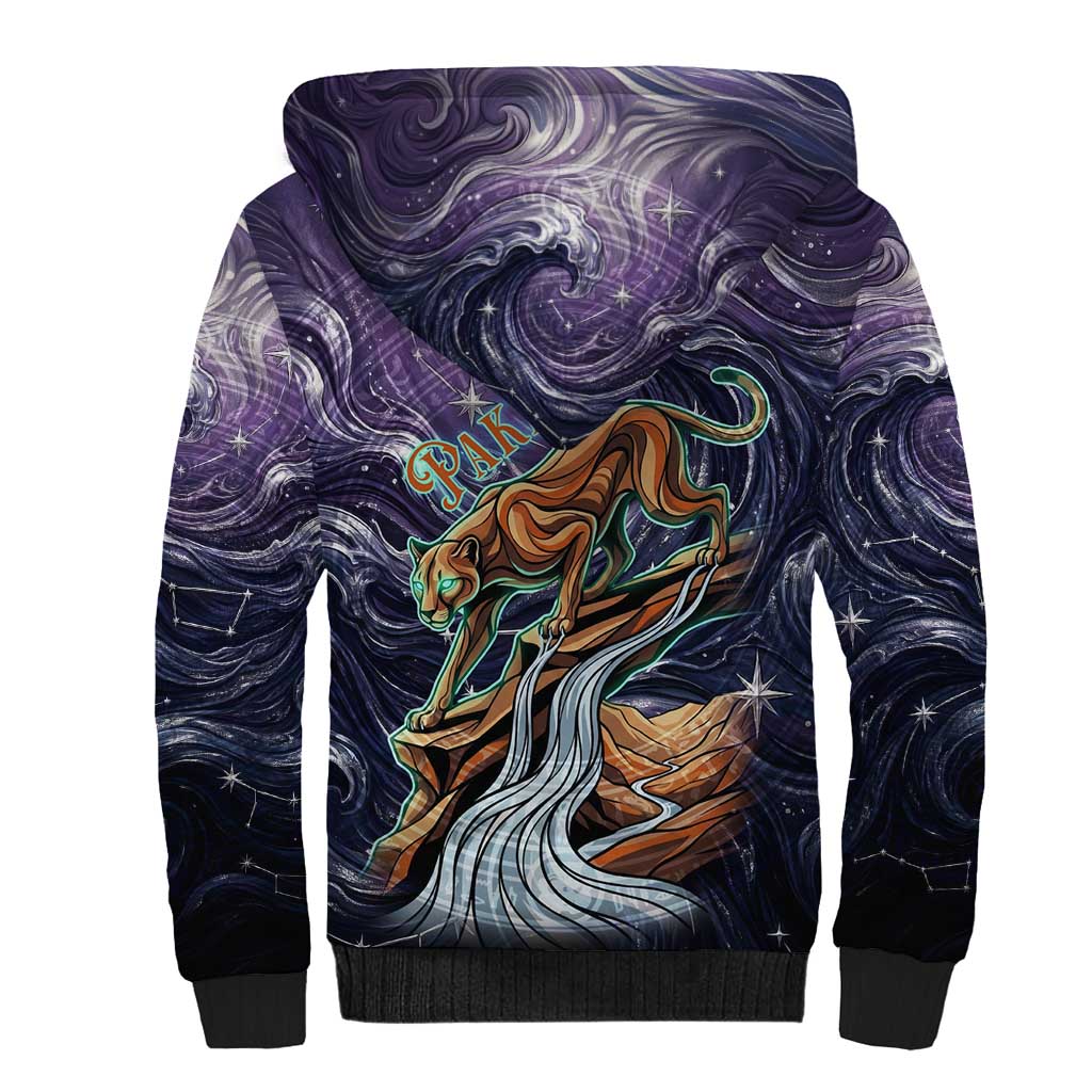 Pakhet Panther Sherpa Hoodie with Cosmic Feline Eye on Starry Night River