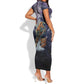 Pakhet Panther Short Sleeve Bodycon Dress with Cosmic Feline Eye on Starry Night River