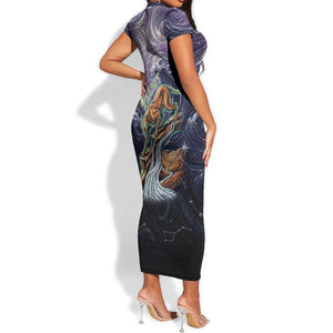 Pakhet Panther Short Sleeve Bodycon Dress with Cosmic Feline Eye on Starry Night River