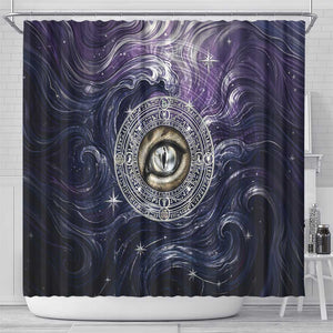 Pakhet Panther Shower Curtain with Cosmic Feline Eye on Starry Night River