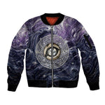 Pakhet Panther Sleeve Zip Bomber Jacket with Cosmic Feline Eye on Starry Night River