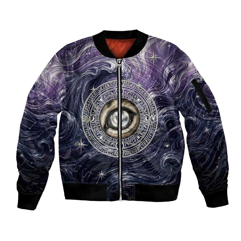 Pakhet Panther Sleeve Zip Bomber Jacket with Cosmic Feline Eye on Starry Night River