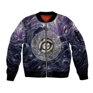 Pakhet Panther Sleeve Zip Bomber Jacket with Cosmic Feline Eye on Starry Night River