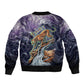 Pakhet Panther Sleeve Zip Bomber Jacket with Cosmic Feline Eye on Starry Night River