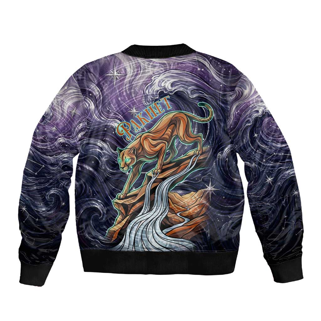 Pakhet Panther Sleeve Zip Bomber Jacket with Cosmic Feline Eye on Starry Night River