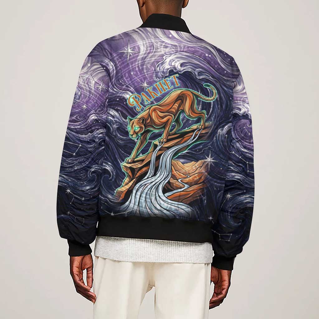 Pakhet Panther Sleeve Zip Bomber Jacket with Cosmic Feline Eye on Starry Night River