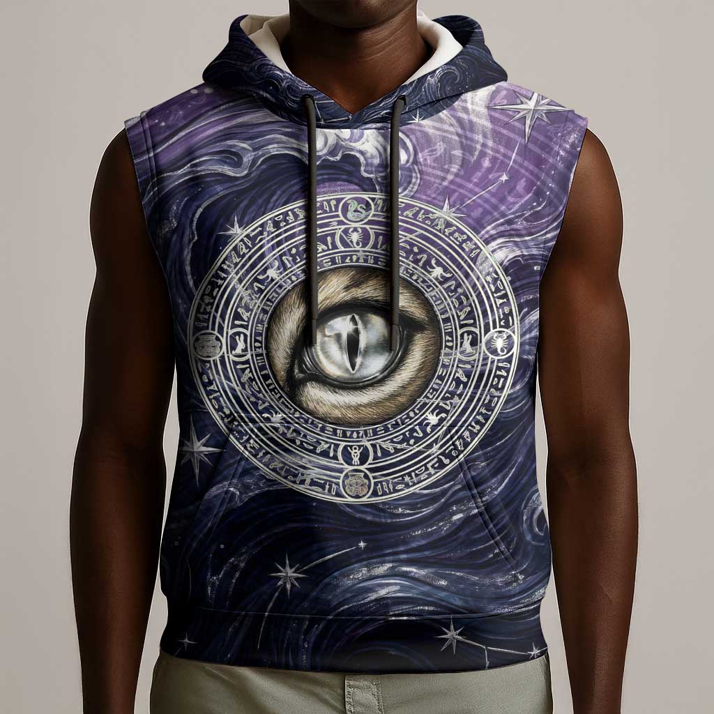 Pakhet Panther Sleeveless Hoodie with Cosmic Feline Eye on Starry Night River