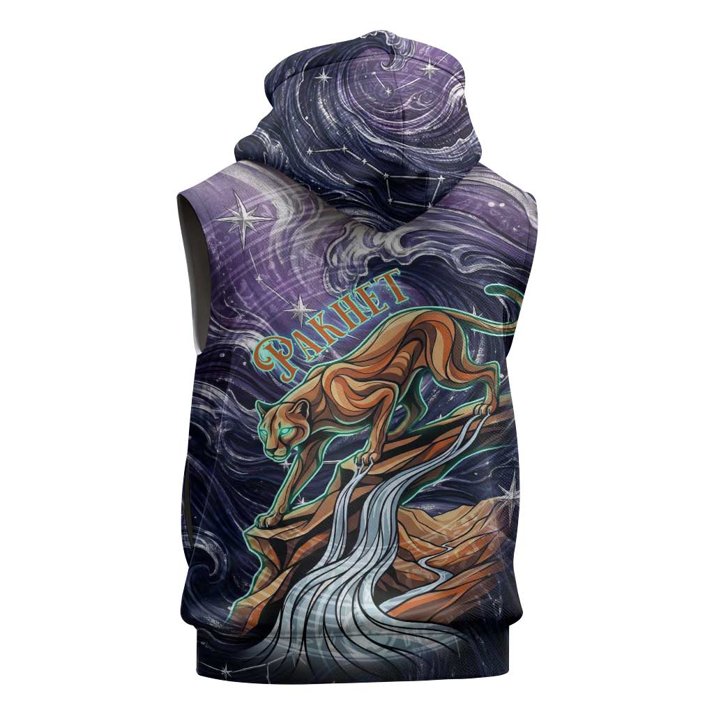 Pakhet Panther Sleeveless Zip Hoodie with Cosmic Feline Eye on Starry Night River
