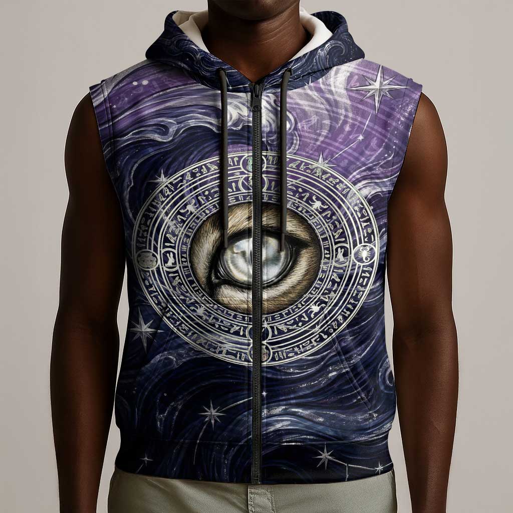Pakhet Panther Sleeveless Zip Hoodie with Cosmic Feline Eye on Starry Night River