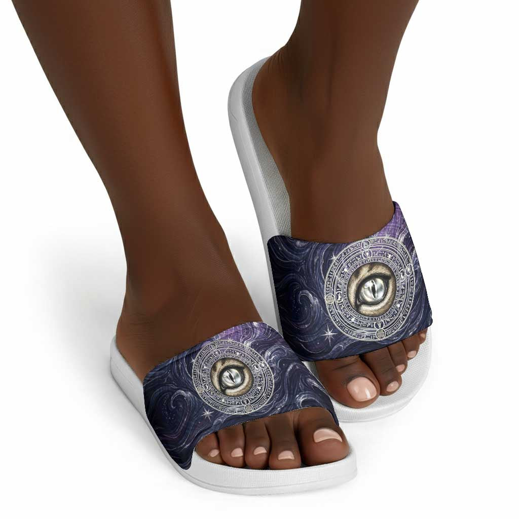 Pakhet Panther Slide Sandals with Cosmic Feline Eye on Starry Night River
