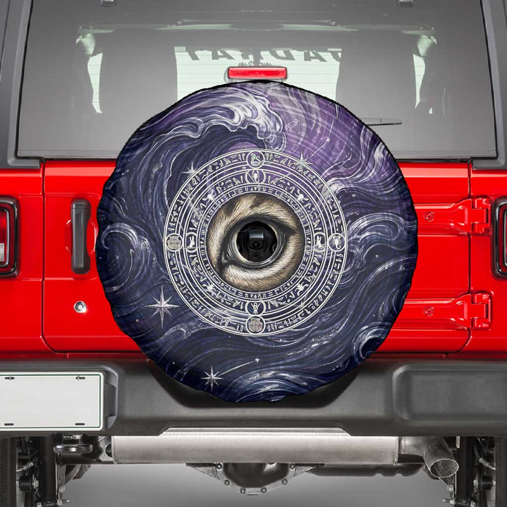 Pakhet Panther Spare Tire Cover with Cosmic Feline Eye on Starry Night River