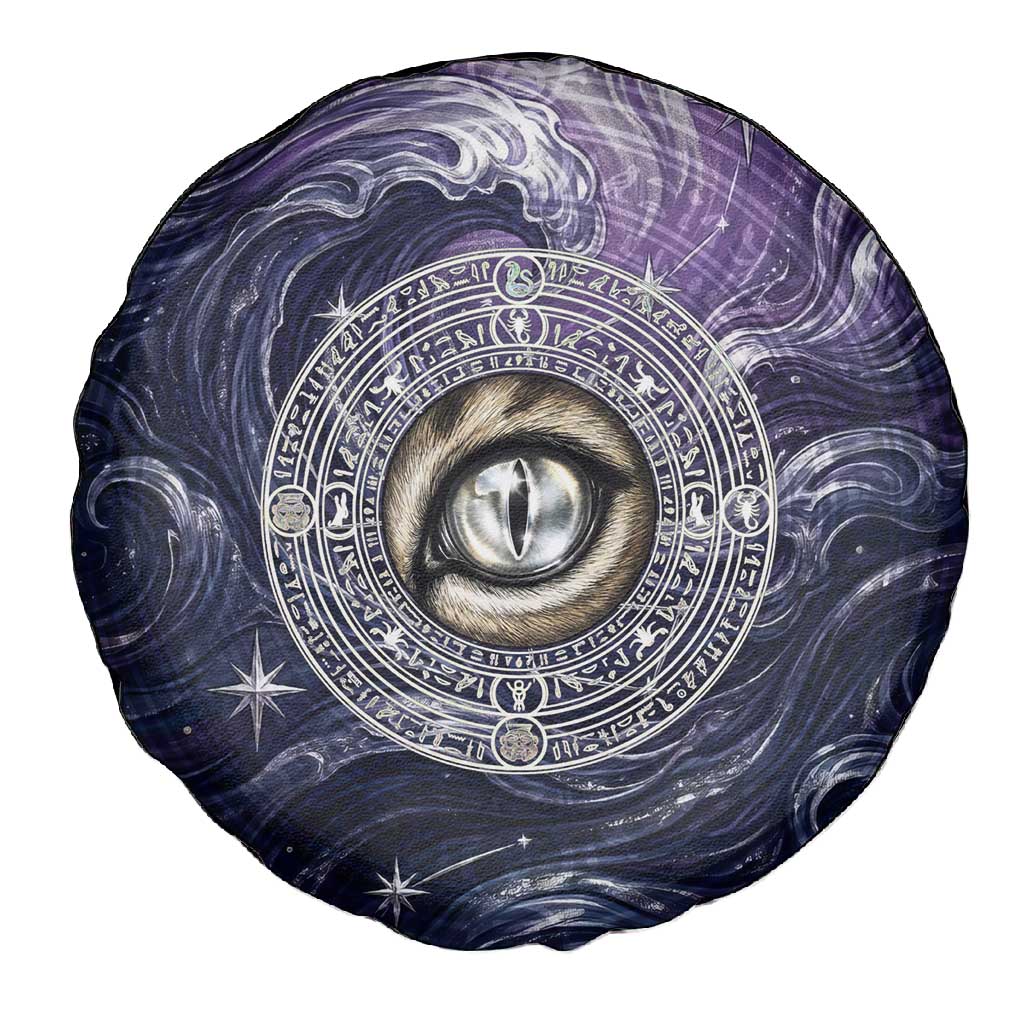 Pakhet Panther Spare Tire Cover with Cosmic Feline Eye on Starry Night River