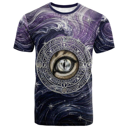 Pakhet Panther T shirt with Cosmic Feline Eye on Starry Night River