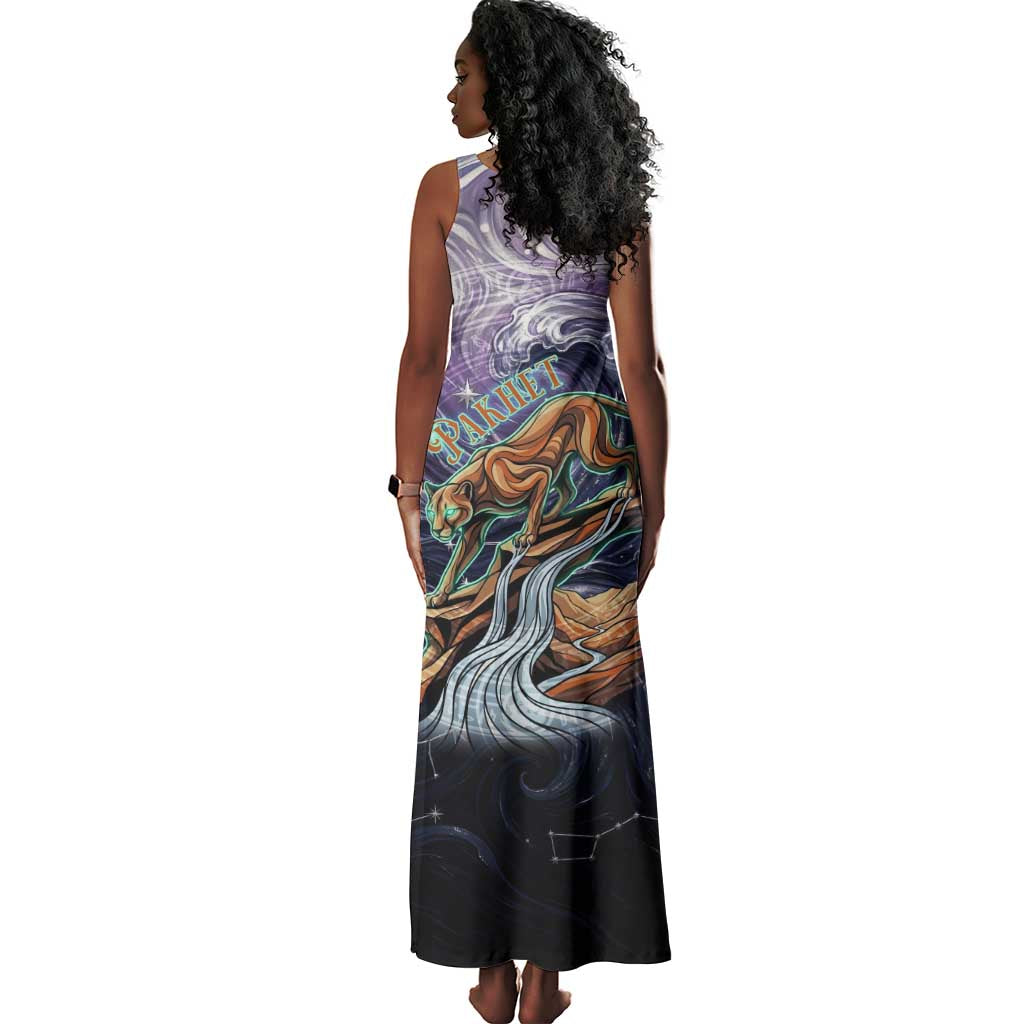 Pakhet Panther Tank Maxi Dress with Cosmic Feline Eye on Starry Night River