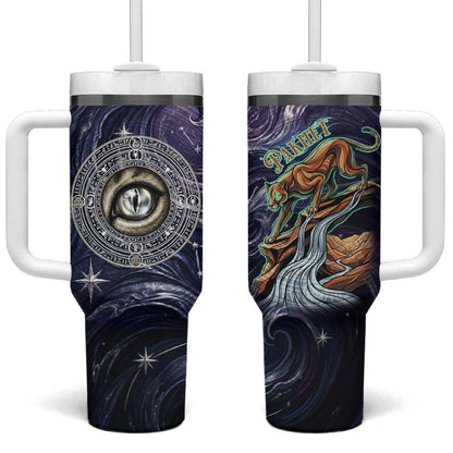 Pakhet Panther Tumbler With Handle with Cosmic Feline Eye on Starry Night River