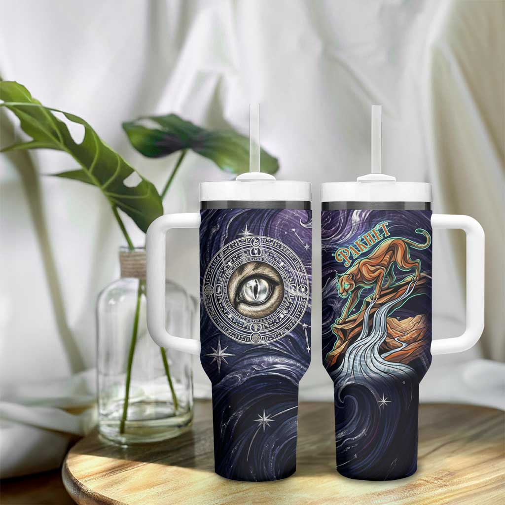 Pakhet Panther Tumbler With Handle with Cosmic Feline Eye on Starry Night River
