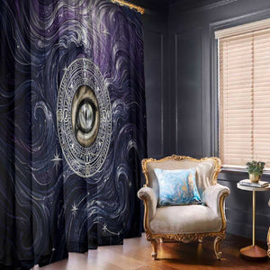 Pakhet Panther Window Curtain with Cosmic Feline Eye on Starry Night River