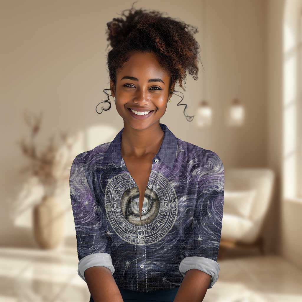 Pakhet Panther Women Casual Shirt with Cosmic Feline Eye on Starry Night River