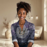 Pakhet Panther Women Casual Shirt with Cosmic Feline Eye on Starry Night River