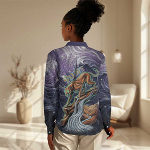Pakhet Panther Women Casual Shirt with Cosmic Feline Eye on Starry Night River