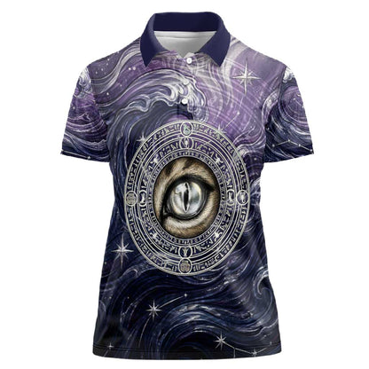 Pakhet Panther Women Polo Shirt with Cosmic Feline Eye on Starry Night River