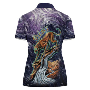 Pakhet Panther Women Polo Shirt with Cosmic Feline Eye on Starry Night River