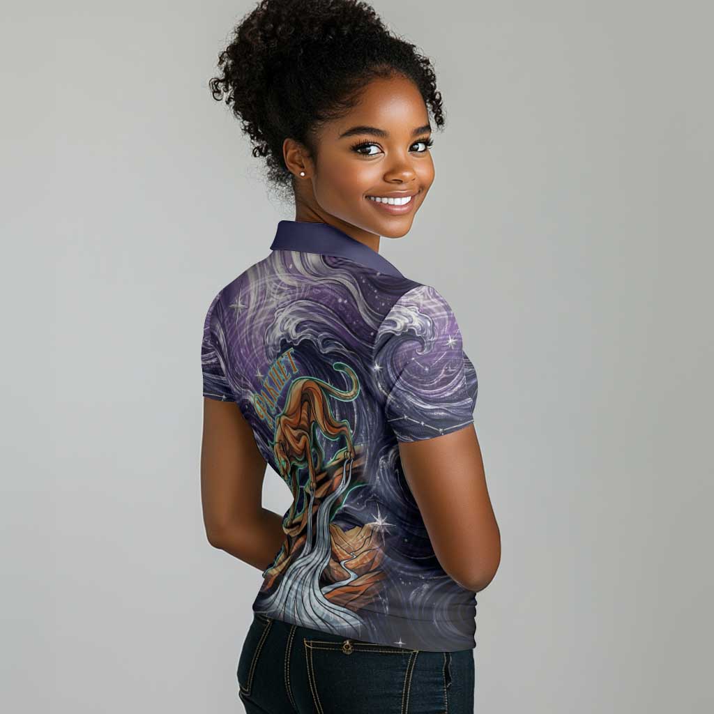 Pakhet Panther Women Polo Shirt with Cosmic Feline Eye on Starry Night River