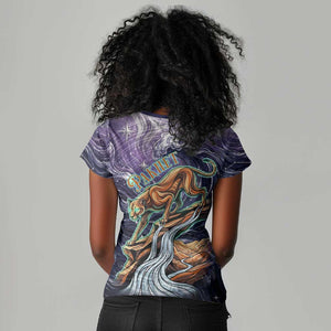 Pakhet Panther Women V-Neck T-Shirt with Cosmic Feline Eye on Starry Night River