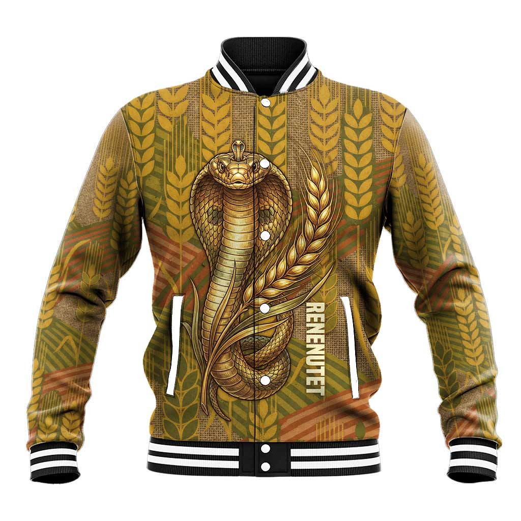Renenutet  Golden Cobra Baseball Jacket with Wheat Motif in Egyptian Agricultural Theme