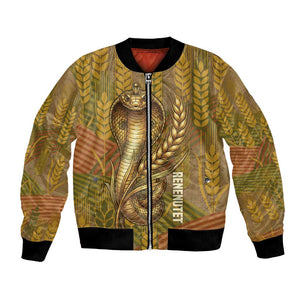 Renenutet  Golden Cobra Bomber Jacket with Wheat Motif in Egyptian Agricultural Theme