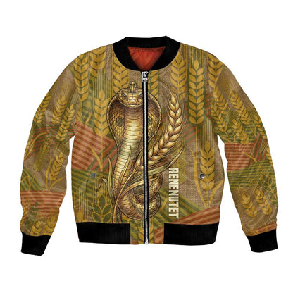 Renenutet  Golden Cobra Bomber Jacket with Wheat Motif in Egyptian Agricultural Theme