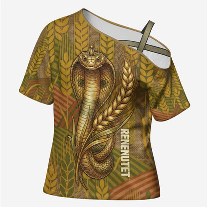 Renenutet  Golden Cobra Cross Shoulder Shirt with Wheat Motif in Egyptian Agricultural Theme