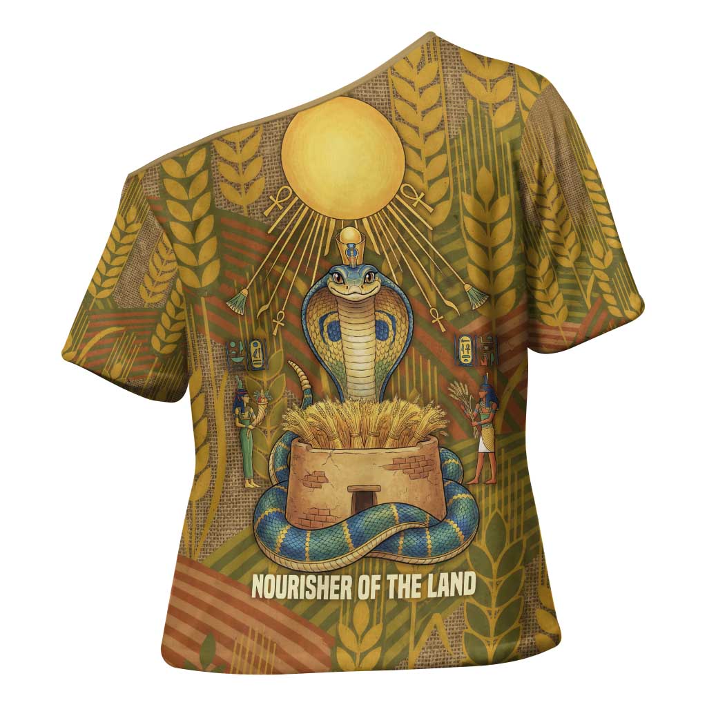 Renenutet  Golden Cobra Cross Shoulder Shirt with Wheat Motif in Egyptian Agricultural Theme